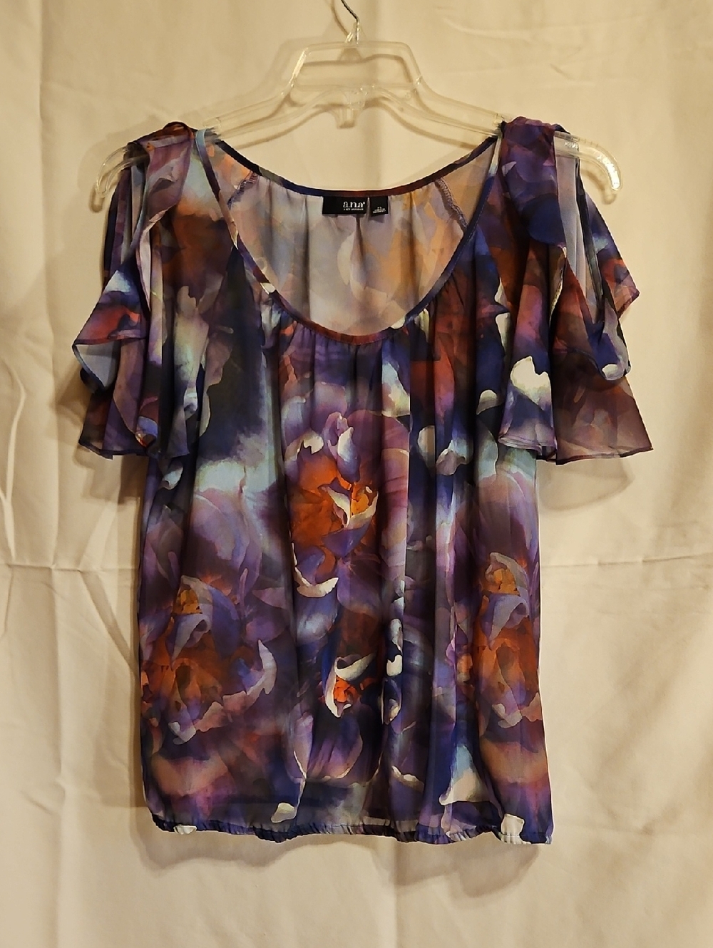 a.n.a Purple Floral Cold-Shoulder Blouse with Orange Accents